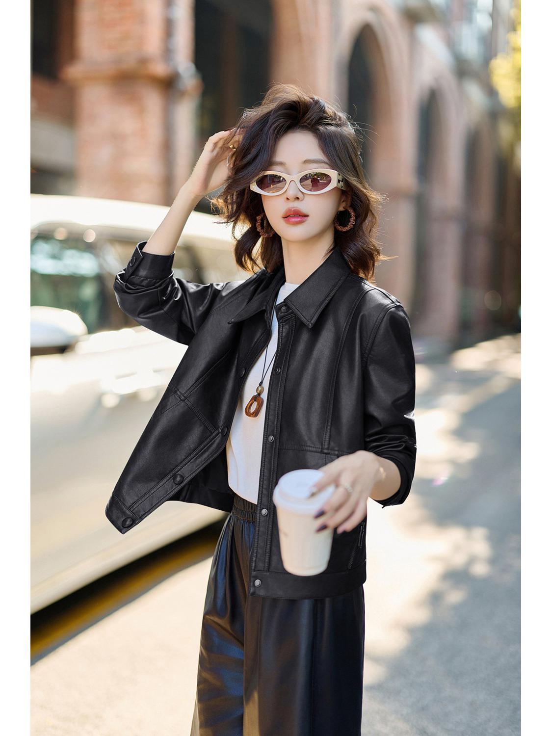 

2025 Autumn/Winter Korean Style Genuine Sheepskin Jacket with Turn-Down Collar - Casual, Loose, and Versatile XL чорний