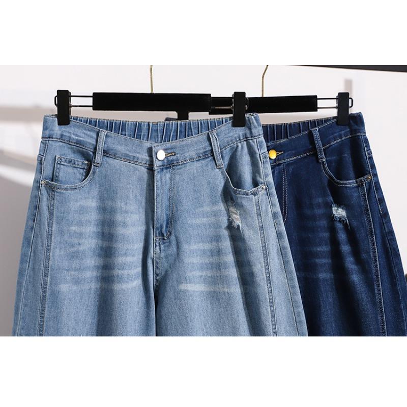 DIMANAF 2026 Summer New Plus Size Women Casual Ripped Wide Leg Denim Capris Jeans Long Pants Cotton Blue