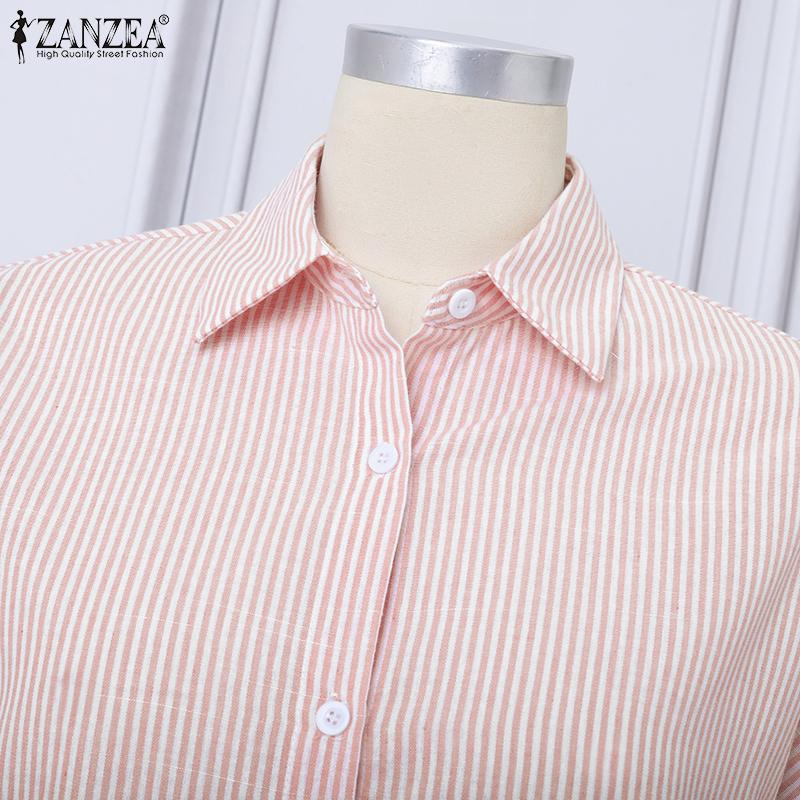 ZANZEA Women Summer Turn Down Collar Short Sleeve Casual Stripe Dress