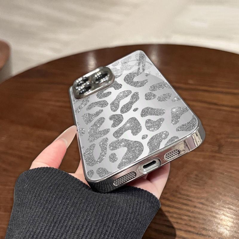 Luxury Sparkly Leopard Hard Case for iPhone Silver Glitter Animal Print Design Smooth Gloss Surface Anti‑Scratch Phone Cover