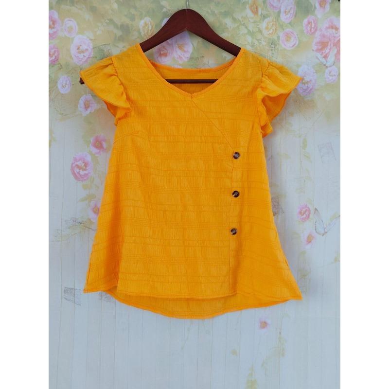 Women s Summer Solid Color V-Neck Button Lace Trim Loose Casual Fashion Blouse Top S жёлтый