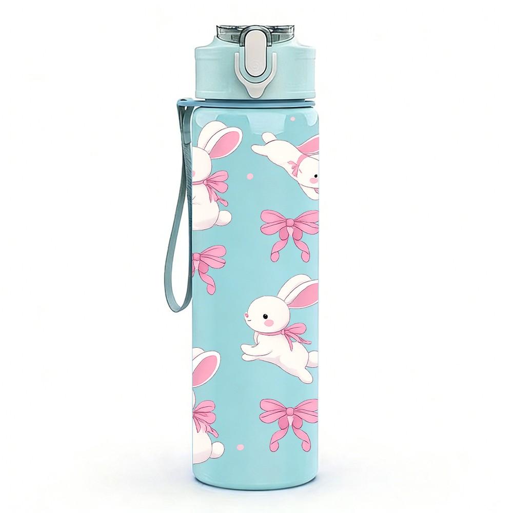 1PC Pink Bow Bunny Ribbon Pattern Print 750ml Color Plastic Sports Water Bottle Leakproof Flip Straw Lid Suitable for Sports Office Home Use