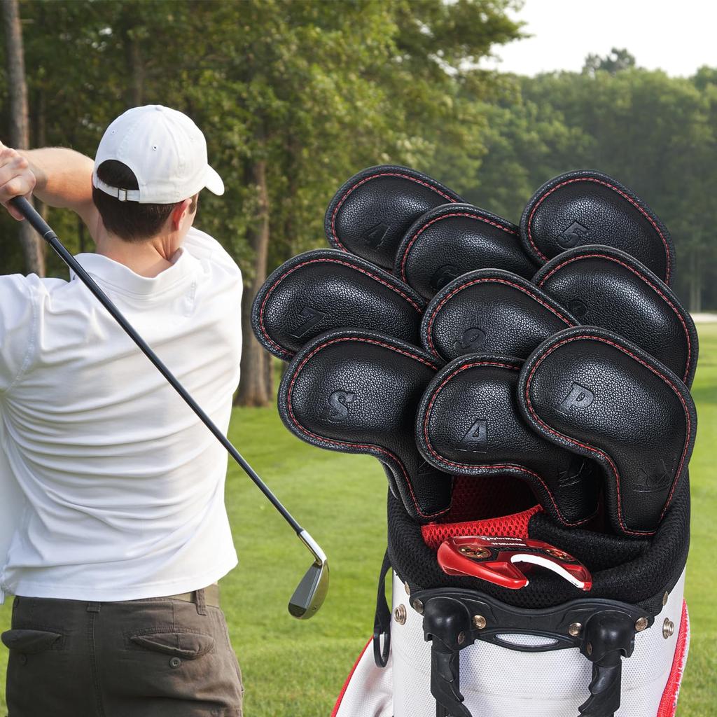 Golf Iron Magnetic Wedge Club Headcovers 9pcs Index Black Synthetic Leather Covers, Covers, Set, (4-9, P, A, S), Numbered,