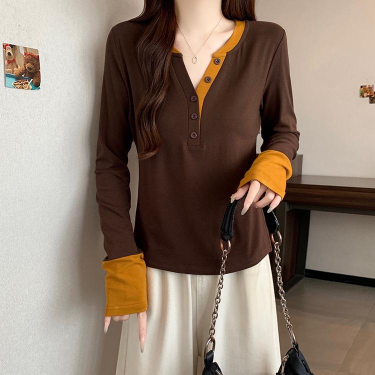 

New Plus Size Women s Color Block V-Neck Long Sleeve Casual Shirt XL темный кофе