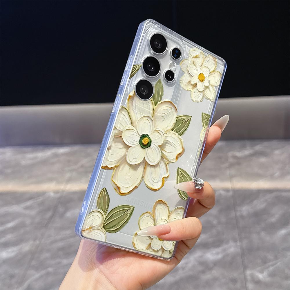 White Floral Oil Painting Case for Samsung Galaxy S26 S25 S24 S23 S22 S21 S20 FE Plus Soft TPU Slim Fit Shockproof Cover