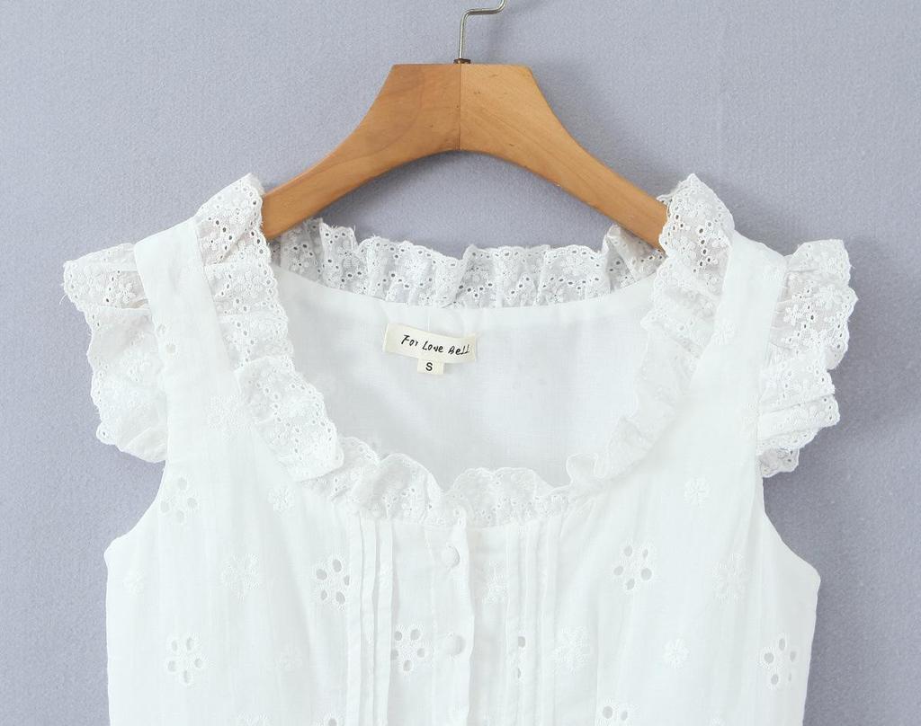 7704 - Women's French Retro Square Neck Ruffle Top & Lace-up Embroidered Skirt Set