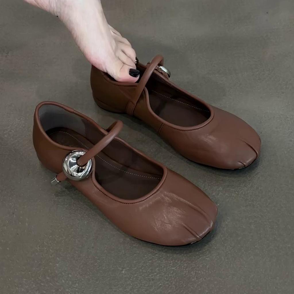 French temperament round head soft leather one-word buckle belt summer wear daily commuting versatile light mouth single shoes