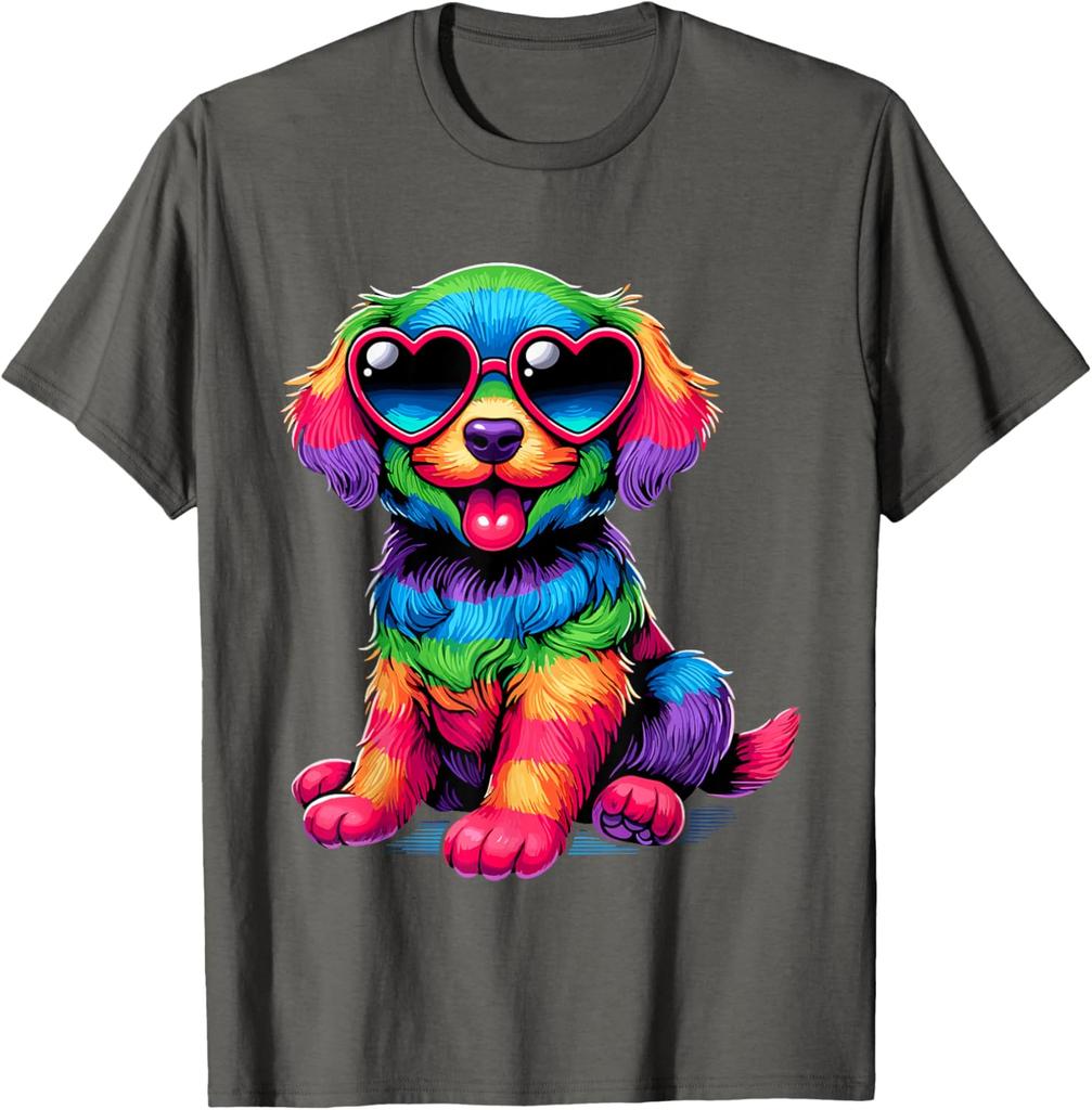 Rainbow Furry Dog With Heart Sunglasses Graphic Print Cotton T-Shirt Casual Trip Wear