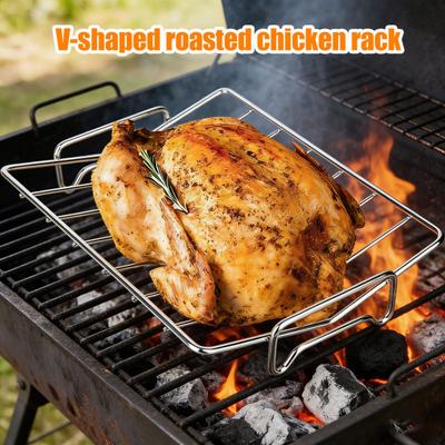 Stainless Steel Turkey Roasting Rack V-shaped Non-stick Cooking Rack for Roasting Pan Dual-purpose BBQ Rib Grilling Rack