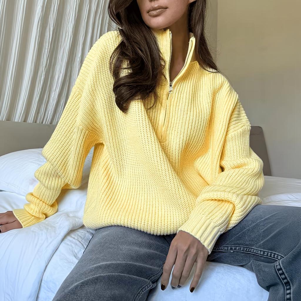 Women's Oversized Knit Pullover Sweater with Zipper, Versatile Casual Top for Fall and Winter