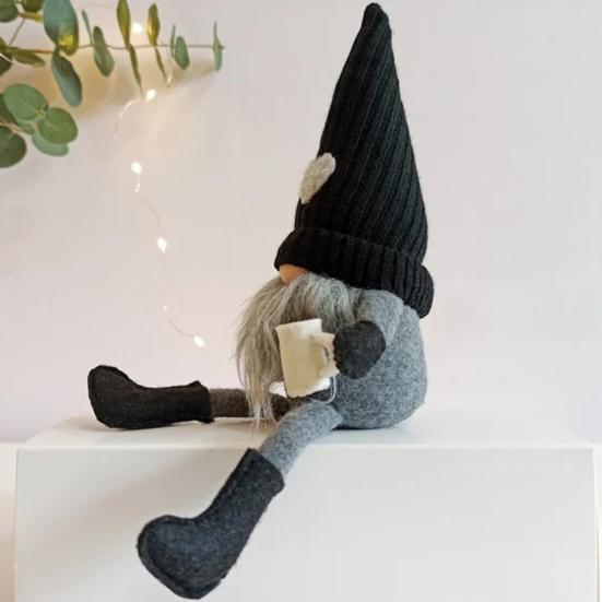 Christmas Plush Doll Knitted Heart Hat Grey Whiskers/Braid Coffee Mug Long-legged Handmade Home Decor Xmas Tabletop Faceless Gnome Stuffed