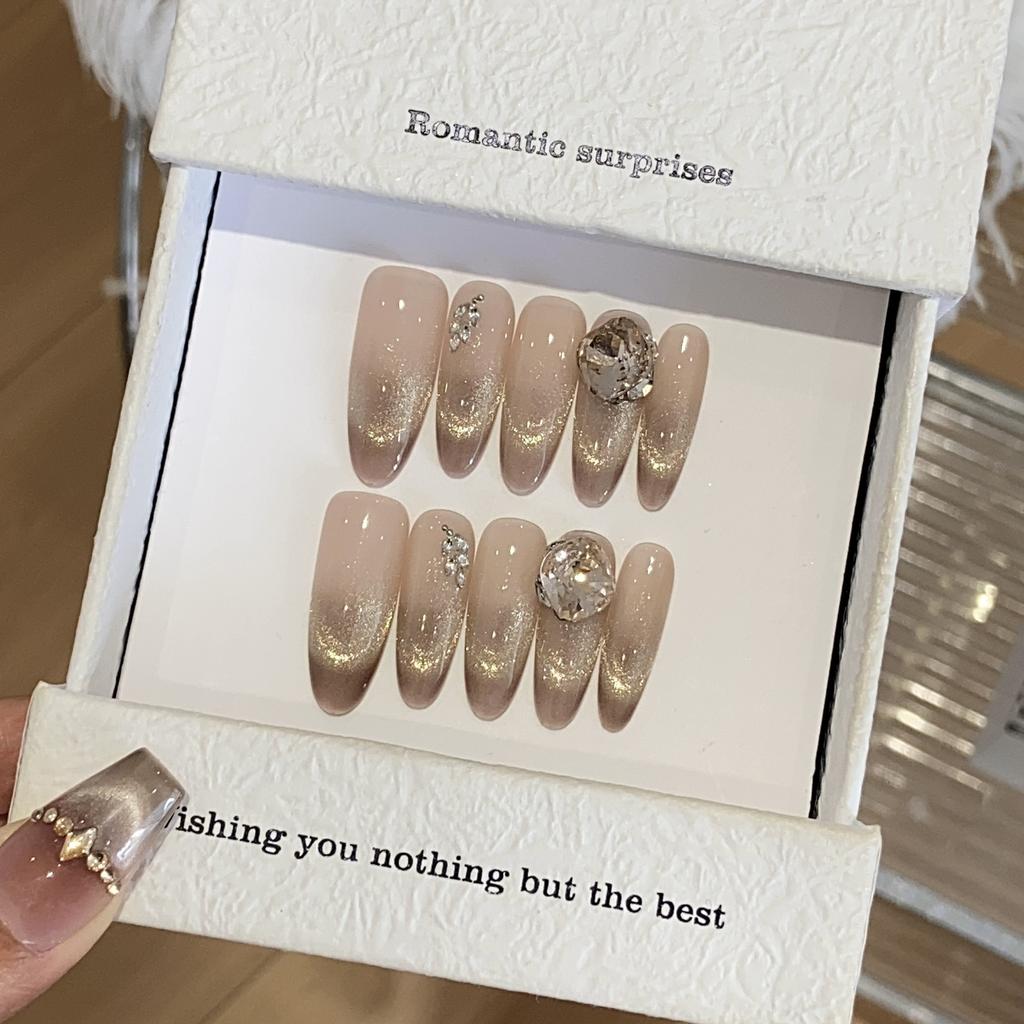 Handmade Nude Color Gradient Golden Cat's Eyes Wheat Ears Square Diamond Glitter Stars Can Be Detached