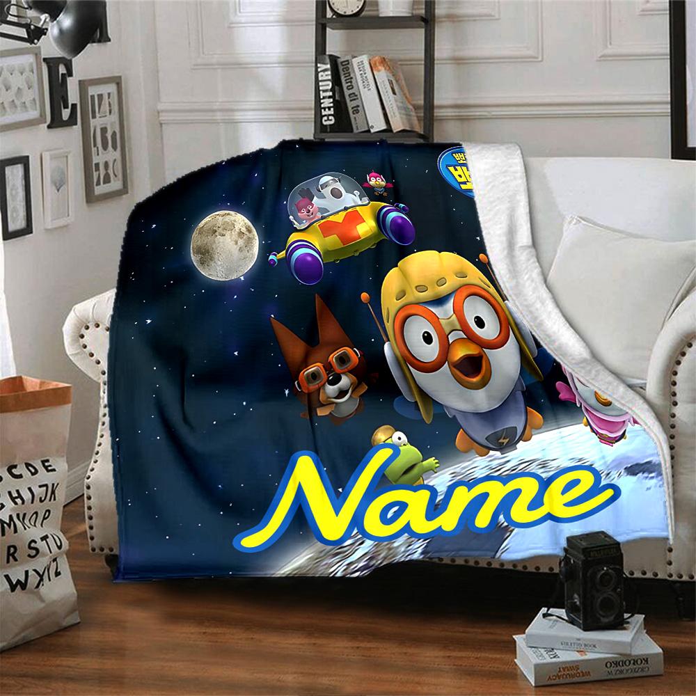 Custom Name Pororo Friends Flannel Blanket for Super Soft Cute Comfort Blanket for Travel Bedding Couch Sofa Blanket