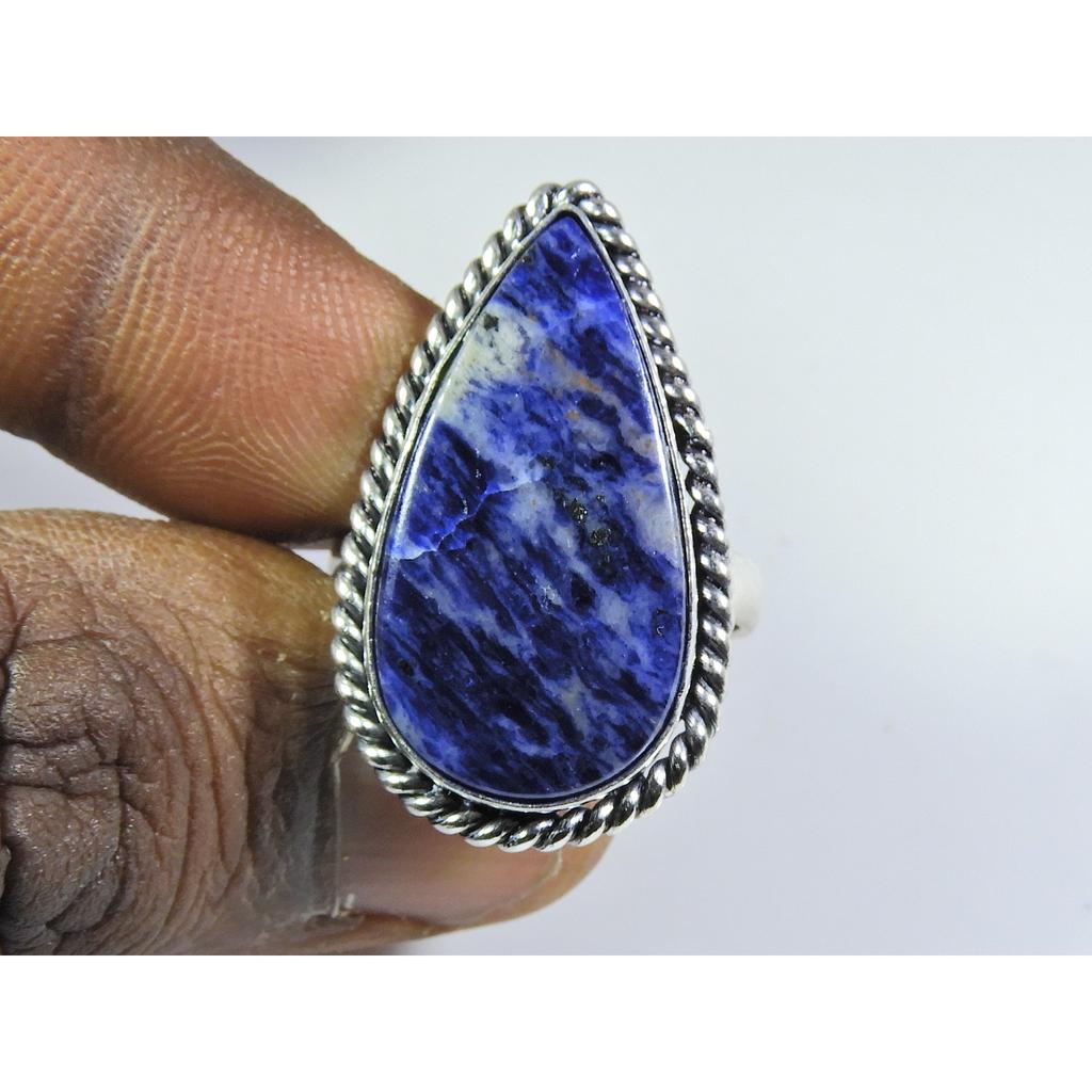 Natural Blue Sodalite 925 Solid Sterling Silver Ring Size US-9 PG-130