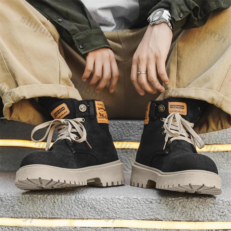 Men Boots 2025 Autumn British Cowboy Boots High Top Retro Thick Sole Lace Up Platform Comfort Anti Slip Sports Motorcycle Boots