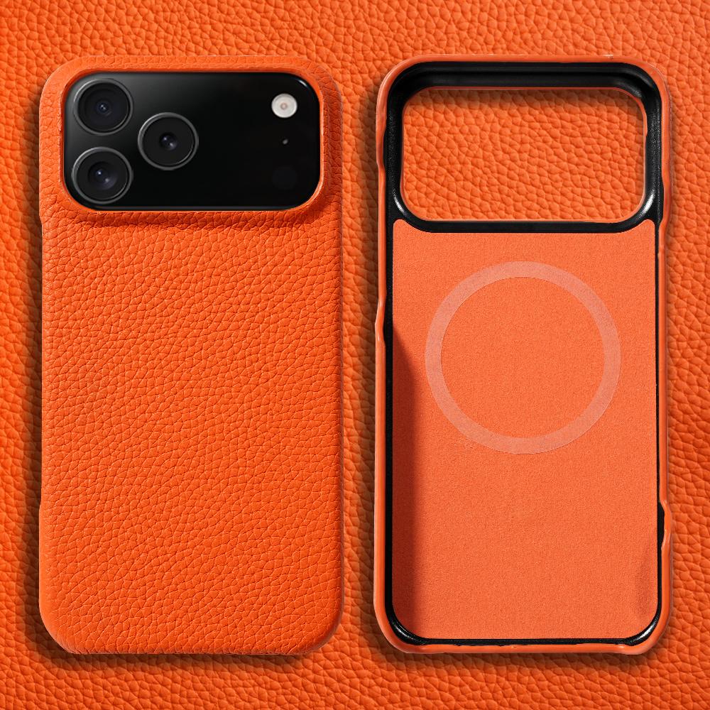 Lychee Natural Cowhide Leather for Magsafe Case for iPhone 17 Air 15 16 Pro Max 17Pro Magnetic Protector Luxury Phone Back Cover