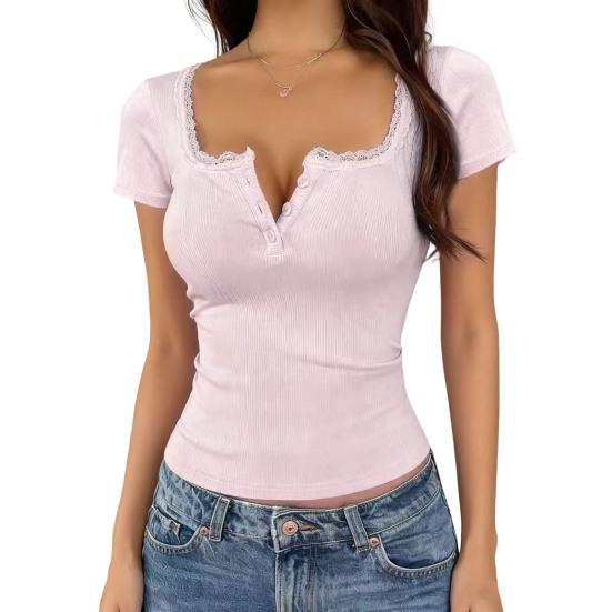 

Women Tops Slim Fit Square Neck Rib Knitted Shirt Pure Color Short Sleeve Lace Splicing Stretchy Tops with Buttons Detail Daily Wear S рожевий