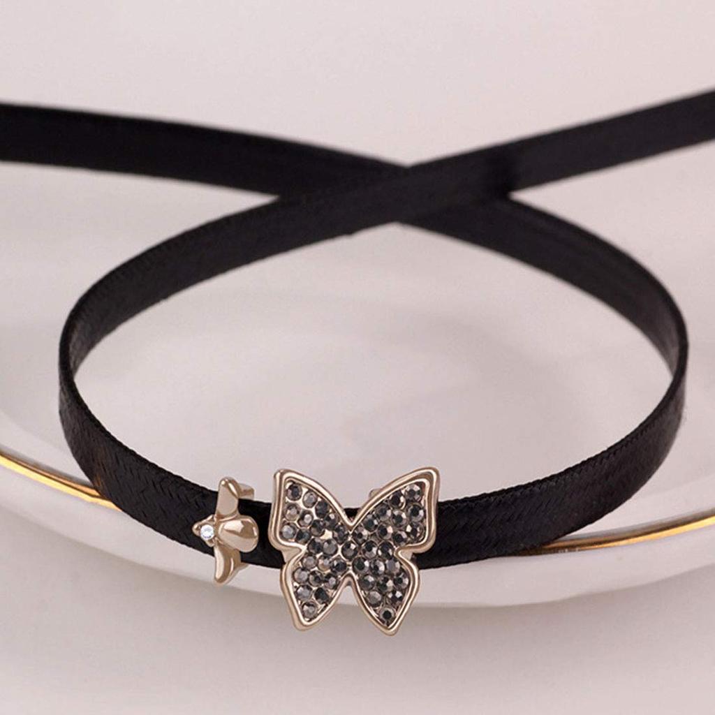 Rockyu Black Leather Collar Choker Necklace for Women, Featuring Zirconia, Gray Diamond, and Butterfly Motif. Adjustable Size. Nazar Boncuk Accessory.