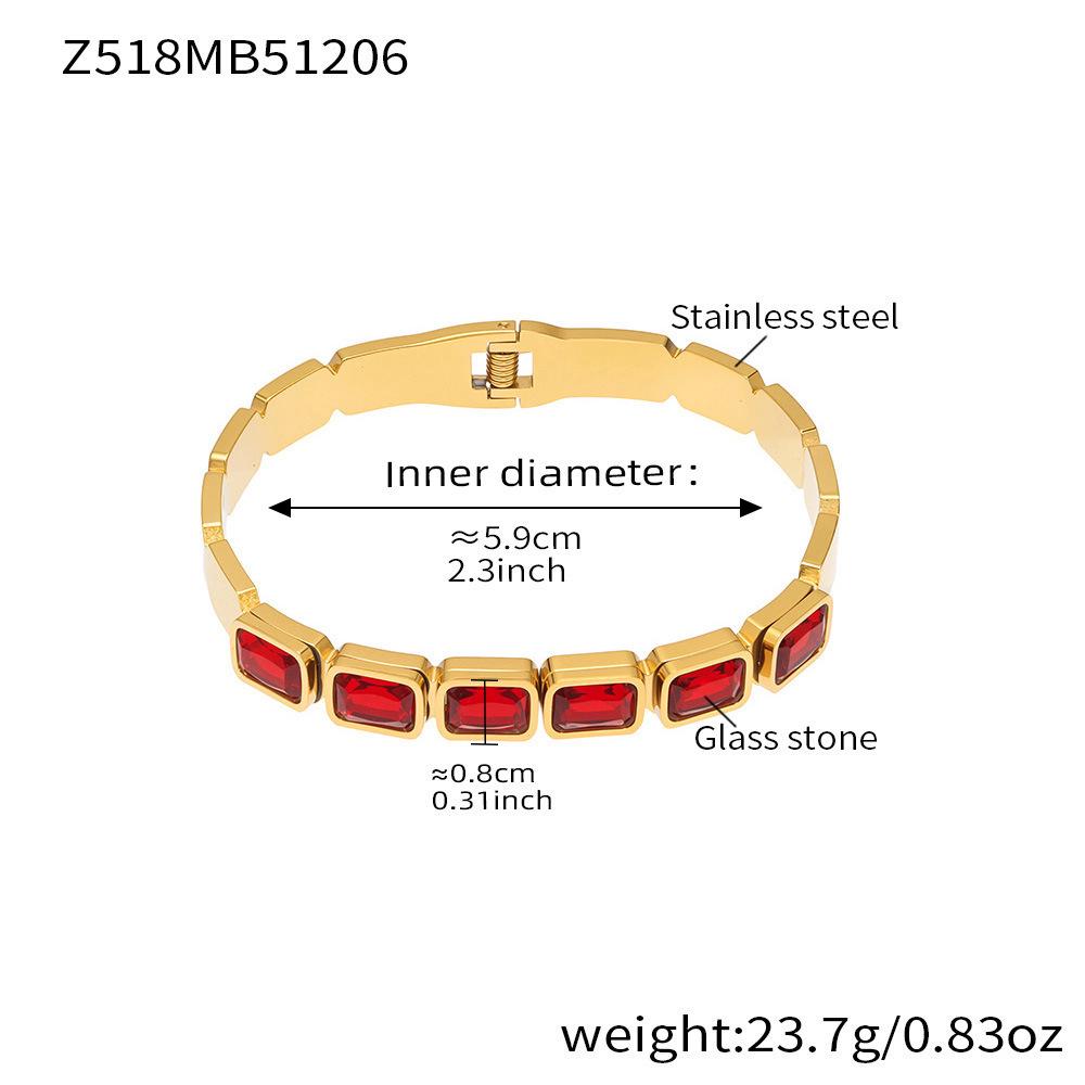 18K Gold Plated Stainless Steel Bracelet with Square Colored Glass Stones In Trendy European and American Niche Design - Fade Resistant.