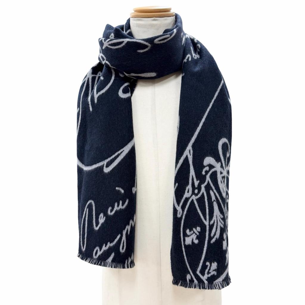 Excellent BERLUTI Scarf Calligraphy Scritto Stole Navy wool mens Used