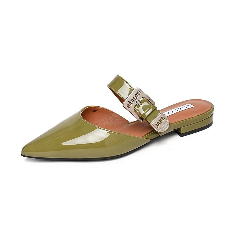 

Новые кожаные летние тапочки с сумкой на плоской подошве, модные повседневные туфли с половиной сумки сандалий, модные заостренные женские туфли 39 оливковое зеленый