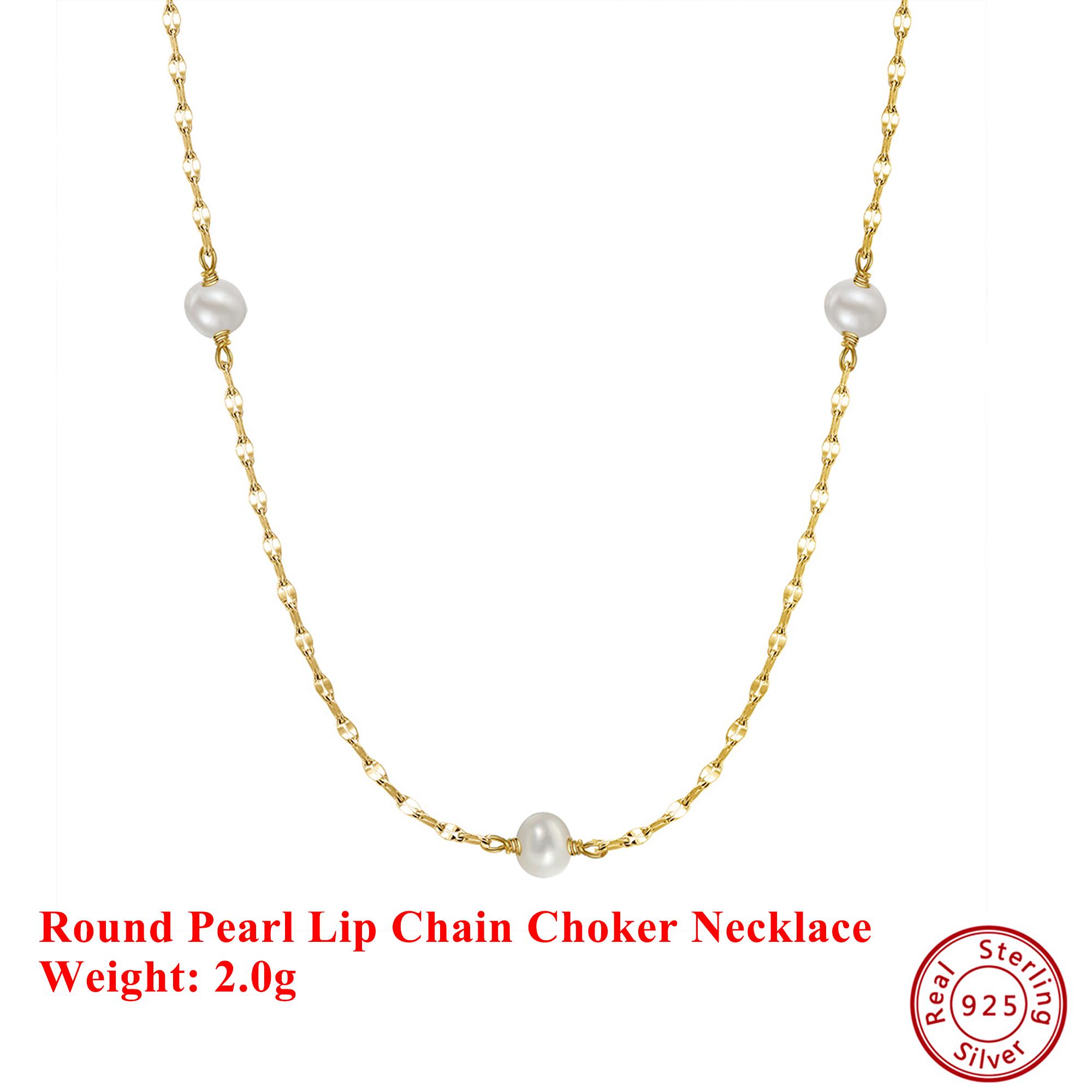 

EFFIE QUEEN 925 Pure Silver 14k Gold Round Freshwater Pearl Choker Necklace Ideal Jewelry for Women Banquet Party Gift GPN35