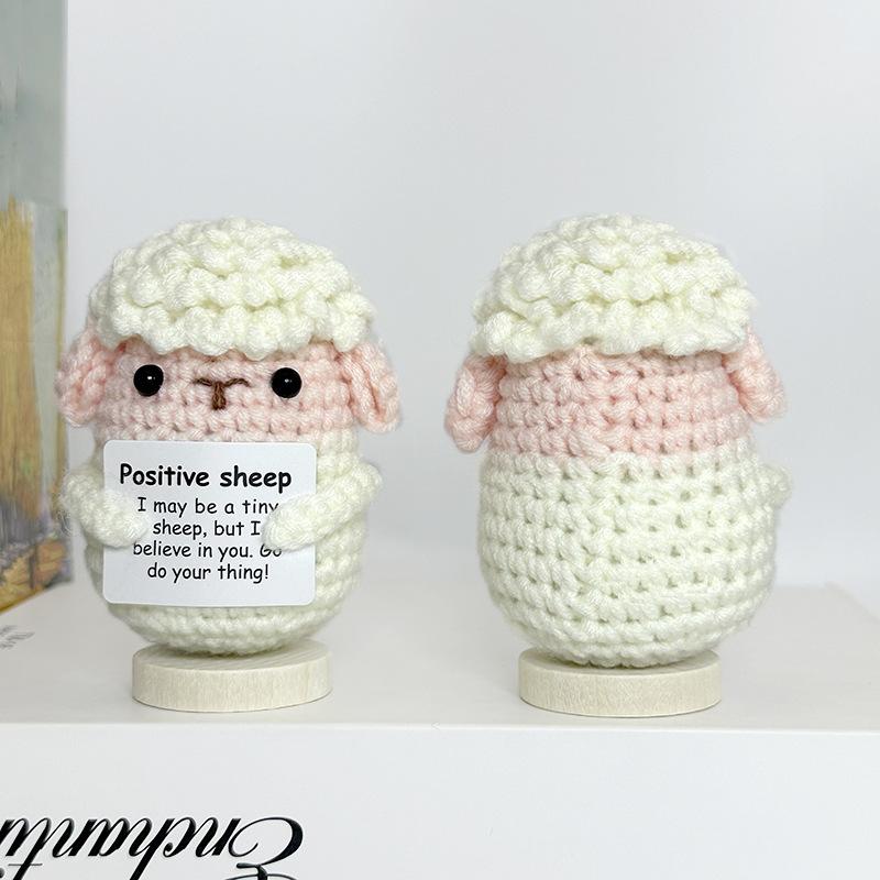Cute Handwoven Knitted Positive Energy Sheep Dolls With Card Funny Crochet Emotional Support Animal Sheep Desktop Ornament Gifts
