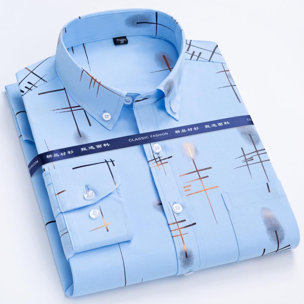 Men's Business Casual Hot Stamping Striped Print Dress Shirt, Slightly Stretch Unique Buttoned Collar Long Sleeve Pocket Shirts