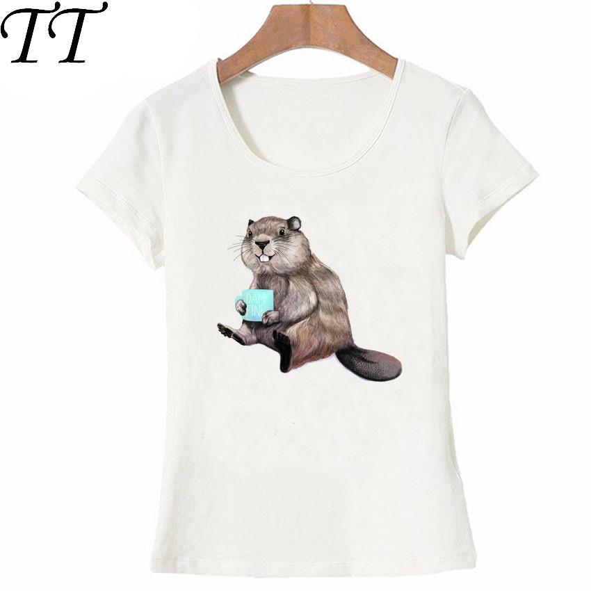 Beaver having his morning cup of coffee TShirt cute women tshirt lovely animal print Tops  summer funny female shirt girl Tees