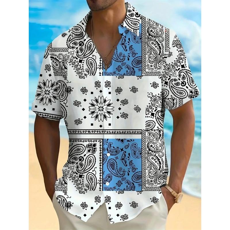 Camisas Havaianas para Homens T-shirt Casual de Manga Curta com Estampa Paisley 3D Gola Lapela Botões Tops Masculinos Verão Oversized Boêmio Camisetas Masculinas