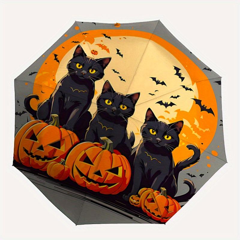 1pc Halloween Night Black Cats Automatic Folding Umbrella - 3 Folding Design, Vivid Cartoon Pattern, Suitable for Outdoor Activities, A Gift for