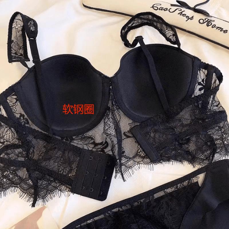 Big breasts show small underwear women's sexy pure lace lace bra thin cup soft steel ring side up support anti-drop bra