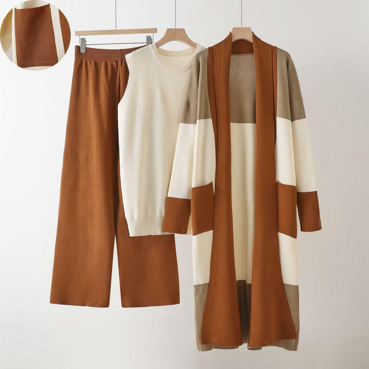 

European Fashion 2026 Knit Three-Piece Set: Loose Cardigan, Vest, and Wide-Leg Pants One Size кавовий