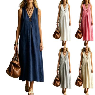 Sleeveless V Neck Linen Maxi Dress for Women Summer Casual Loose Fit Lightweight Long Dress with Button Detail