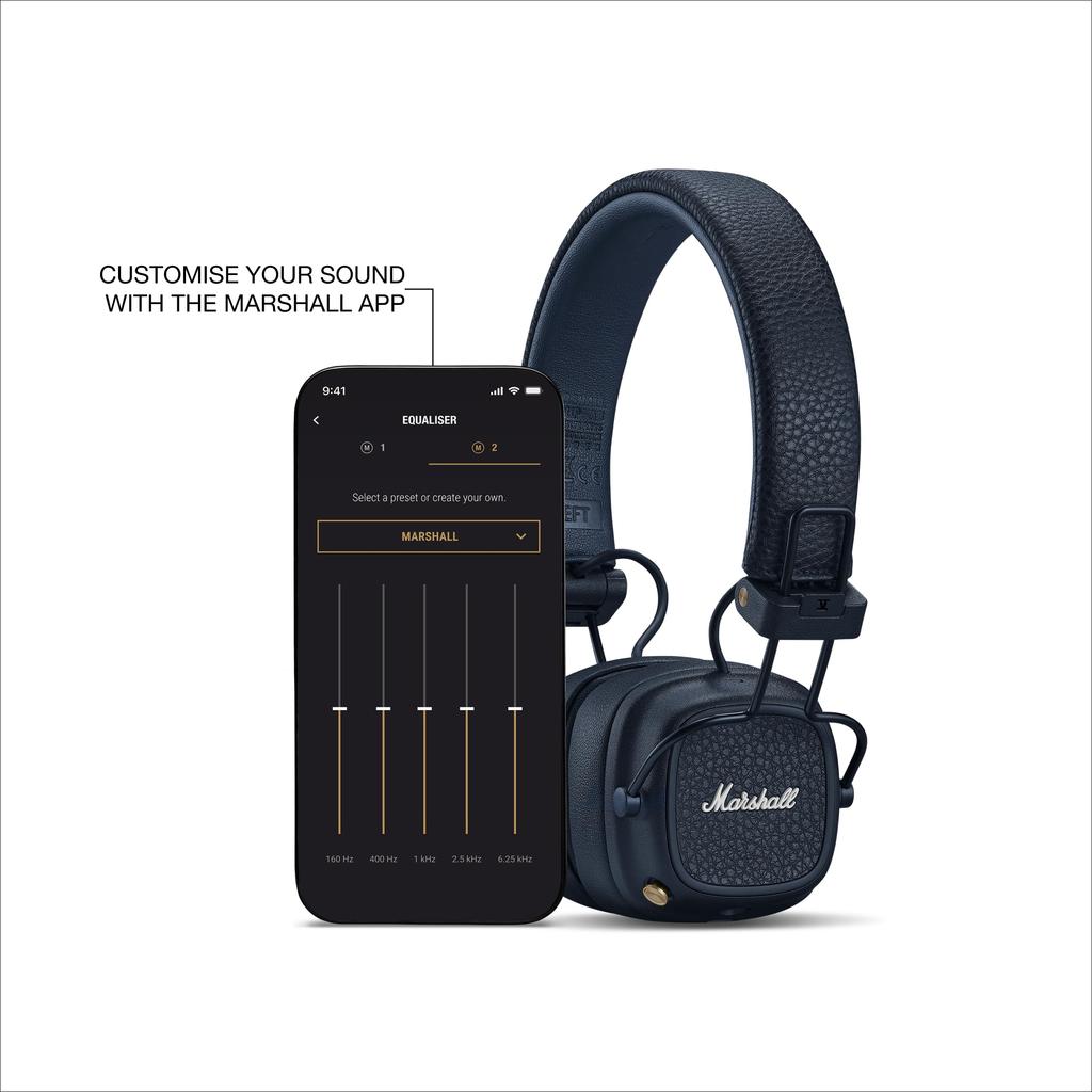 Marshall Wireless On-Ear Headphones Major V Midnight Blue Bluetooth 100H Qi Charging Call Function