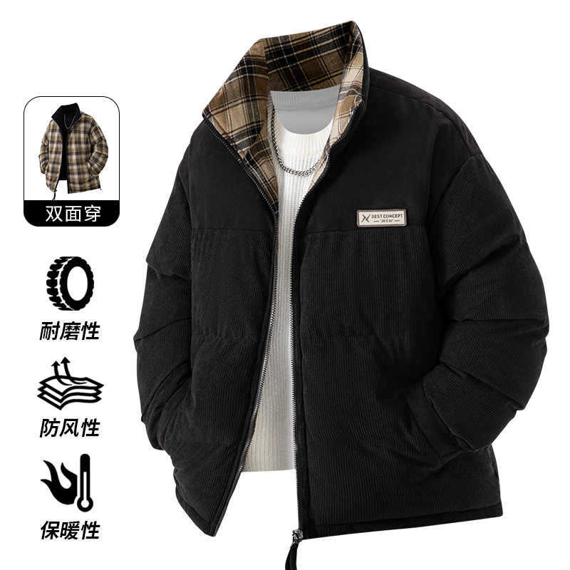 Plaid double-sided wear stand-up neck cotton clothes men's winter 2025 new retro loose couple versatile warm cotton-padded clothes