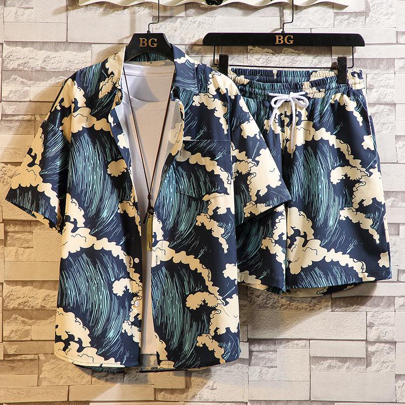 

Мужской повседневный костюм, летняя мода, рубашка с коротким рукавом и шорты, комплект из двух предметов