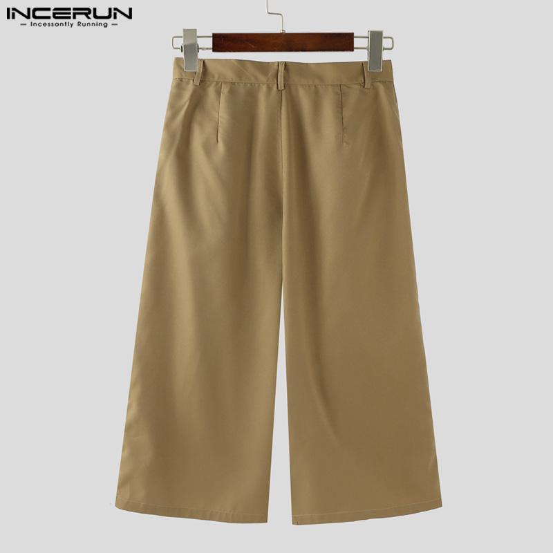INCERUN Men Zip-up Waist Solid Color Casual Loose Cropped Straight Pants