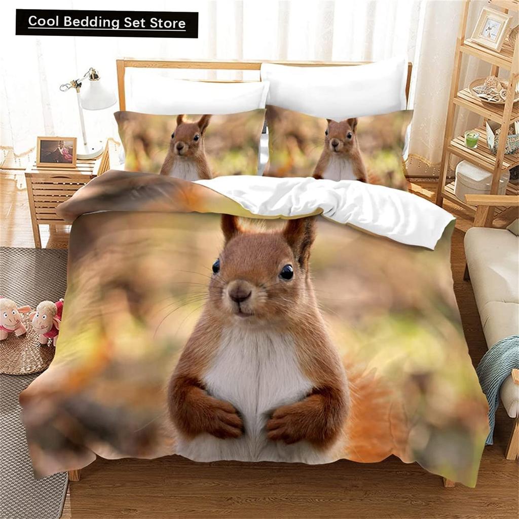 3D Squirrel King Queen Duvet Cover Soft Wildlife Green Leaves Bedding Set for Kids Teens Adults 2 3pcs