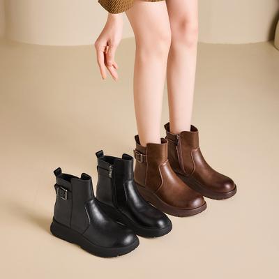 Pantofi casual, Bocanci versatili din piele, Bocanci scurți noi retro pentru femei, Bocanci cu talpă groasă și toc gros