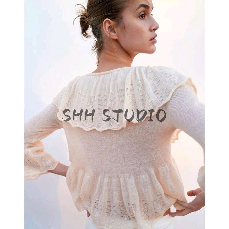 Spring New Women's Clothing Casual Style Laminated Decoration Elegant V-neck Simple Thin Knitwear 3456101