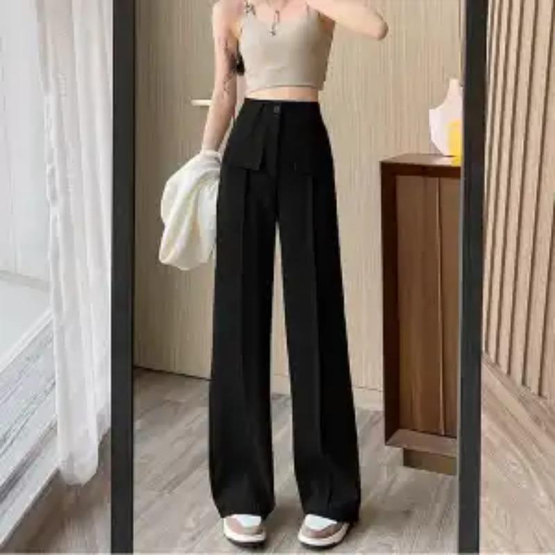 Womens High Waist Pleated Solid Black Wide Leg Suit Pants S