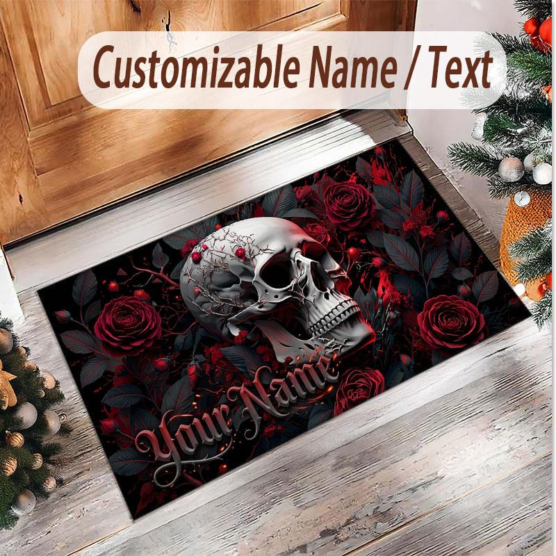 Skull Gothic Theme Soft Crystal Velvet Rug Custom Name & Text Print Non Slip Floor Rug for Bedroom Living Room