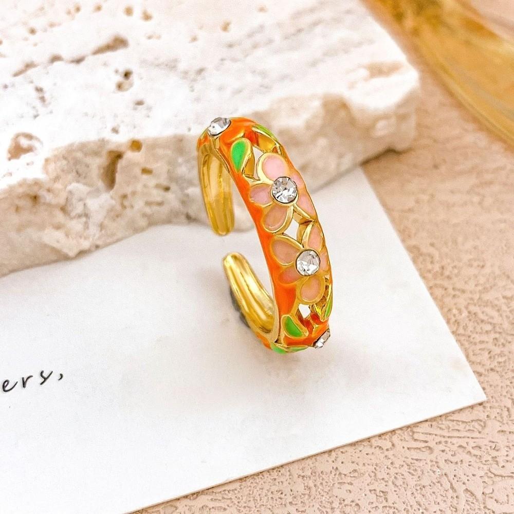 Classic Vintage Geometric Rings Engraved Gold Plated Ring Colorful Enamel Flower Rings  Engagement