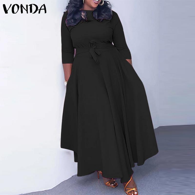 VONDA Women Autumn Loose Long Sleeve Round Neck Solid Color Dresses