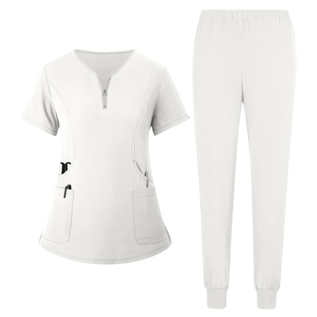 Damen Uniform Schnelltrocknendes Gewebe Einfarbig V-Ausschnitt Reißverschlusstasche Kurzarm Hosen Set Pflegekraft Set