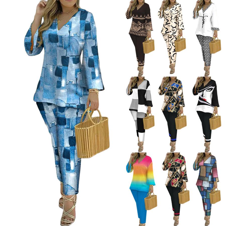 2023 Spring Women's European & American V-Neck Long-Sleeve Fashion Set