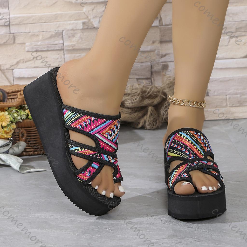 Fashion Comemore Summer Wedges High Heels Ladies Slippers Casual Mixed Color Roman Style Clip Toe Slipper Soft Bottom Beach Flip Flops