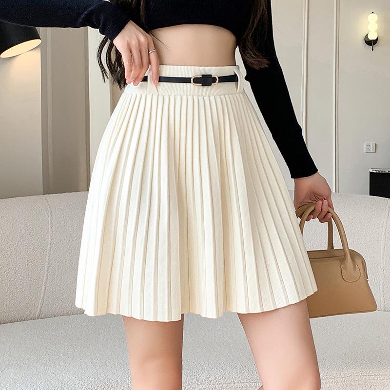Minirock aus plissiertem Strick mit hoher Taille und Gürtel - Vielseitig, schlankmachend, elastische A-Linie für den Herbst