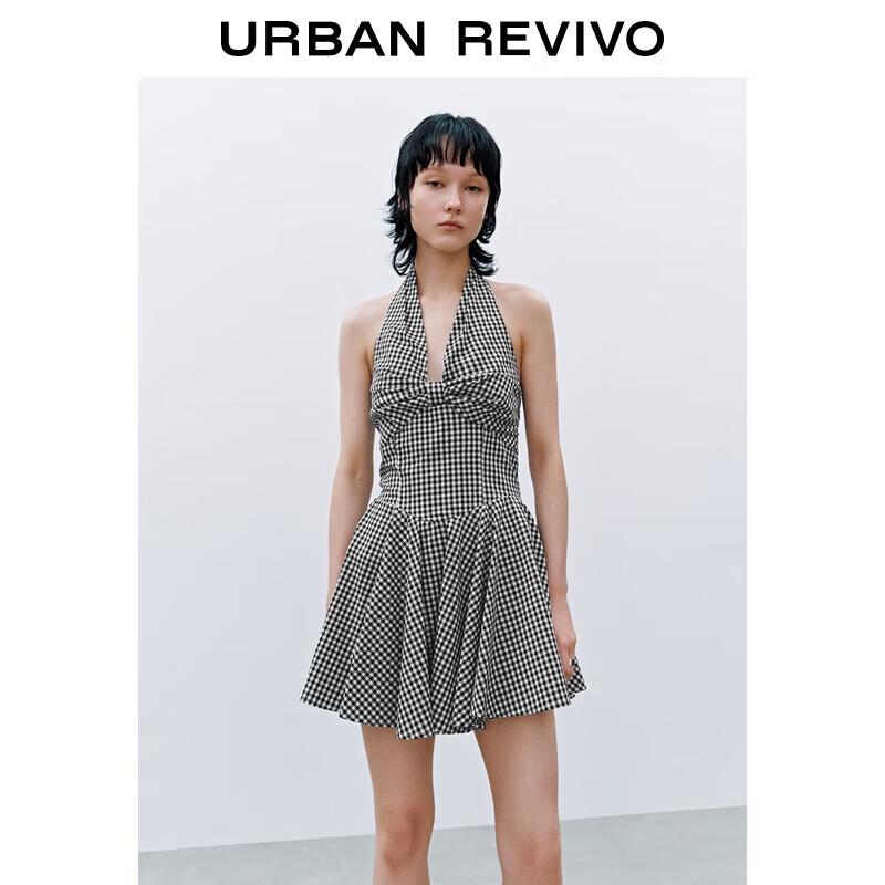 

UR 2025 Summer Halter Neck Plaid Smocked Sleeveless Dress XL